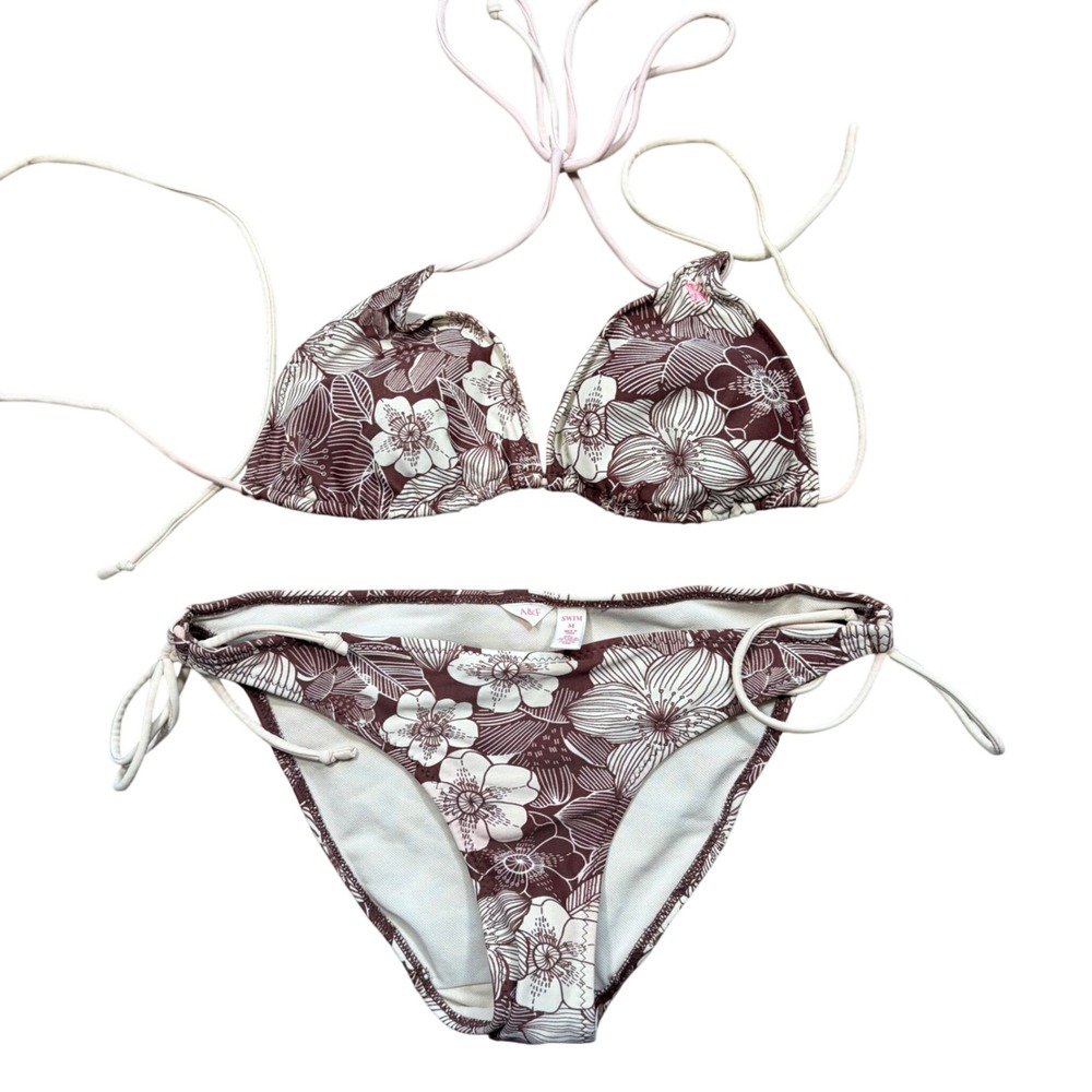 RARE Y2K Abercrombie & Fitch Brown Floral Triangle Bikini Set Side Tie SwimsuitM